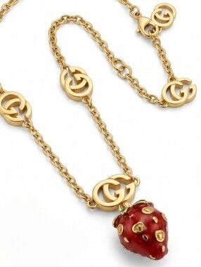 Gucci GG Gold Bracelet with Red Strawberry Charm